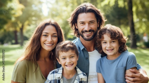 A cheerful family of four, including a son and daughter, smiles happily at the camera. They're standing on green grass in a sunny park, enjoying a beautiful summer day together.
