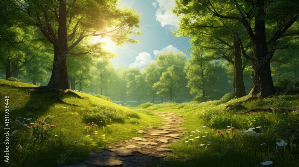 A quiet dirt path winds through a sunny forest in springtime.
A quiet dirt path winds through a sunny forest in springtime.