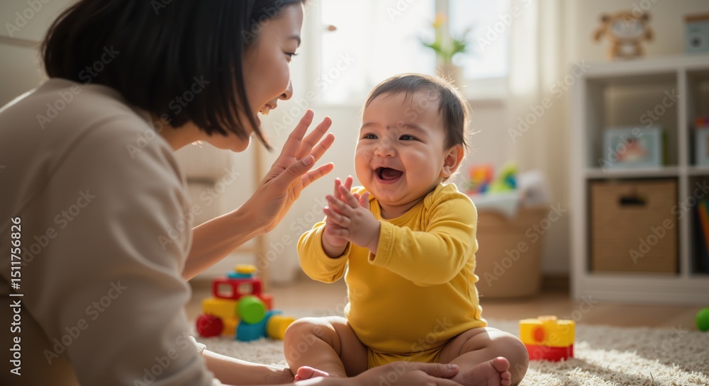 Mother playing with happy baby in bright living room at home Mother playing with happy baby in bright living room at home