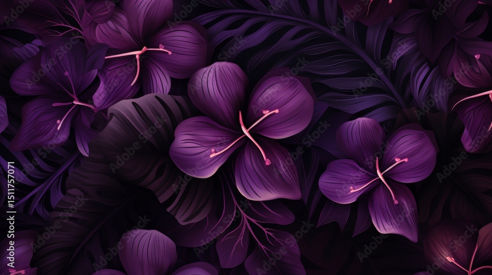 Dark purple leaves and flowers create a cool, tropical design. Perfect background!
Dark purple leaves and flowers create a cool, tropical design. Perfect background!