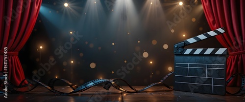 Cinema backdrop with the stage with spotlights and red curtains, film strip and clapperboard