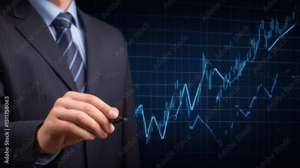 Businessman in suit points to rising graph on digital display. Businessman in suit points to rising graph on digital display.