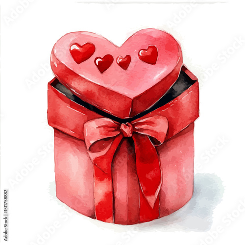 Valentines Day Heart Box, watercolor vector, high quality, isolated on a white background.