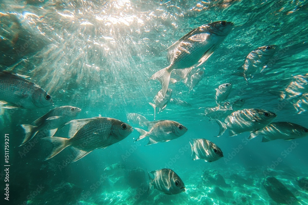 Fototapeta premium A vibrant school of ocean fish swimming gracefully through crystal-clear turquoise waters under sunlight