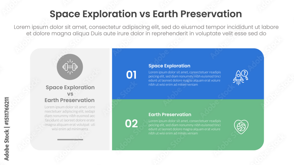 Fototapeta premium space exploration vs earth preservation comparison concept for infographic template banner with big round box and stack list with two point list information