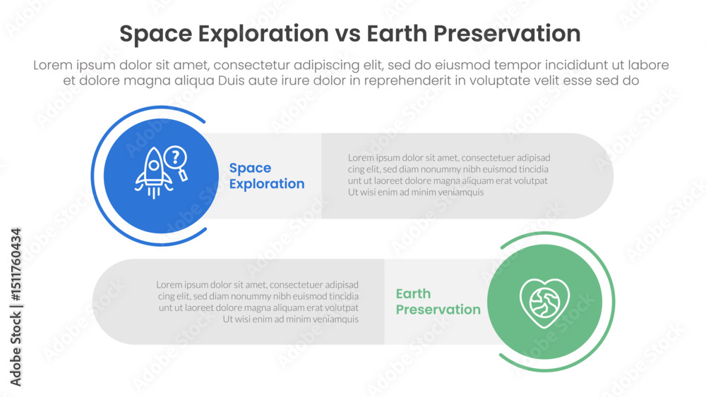 space exploration vs earth preservation comparison concept for infographic template banner with big circle and long rectangle round shape with two point list information space exploration vs earth preservation comparison concept for infographic template banner with big circle and long rectangle round shape with two point list information