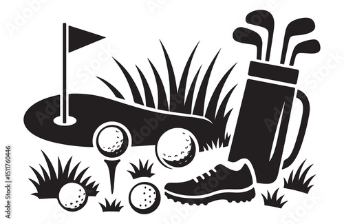 Golf course illustration with flag clubs balls and bag