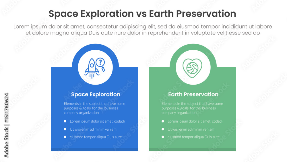 Fototapeta premium space exploration vs earth preservation comparison concept for infographic template banner with box banner and circle on top with two point list information