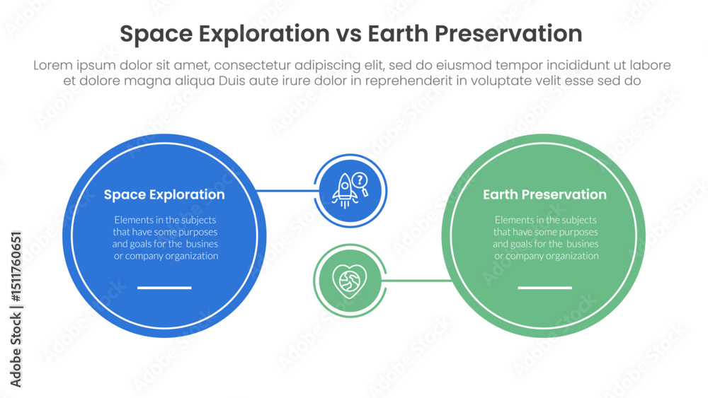 space exploration vs earth preservation comparison concept for infographic template banner with big circle and small linked with two point list information space exploration vs earth preservation comparison concept for infographic template banner with big circle and small linked with two point list information