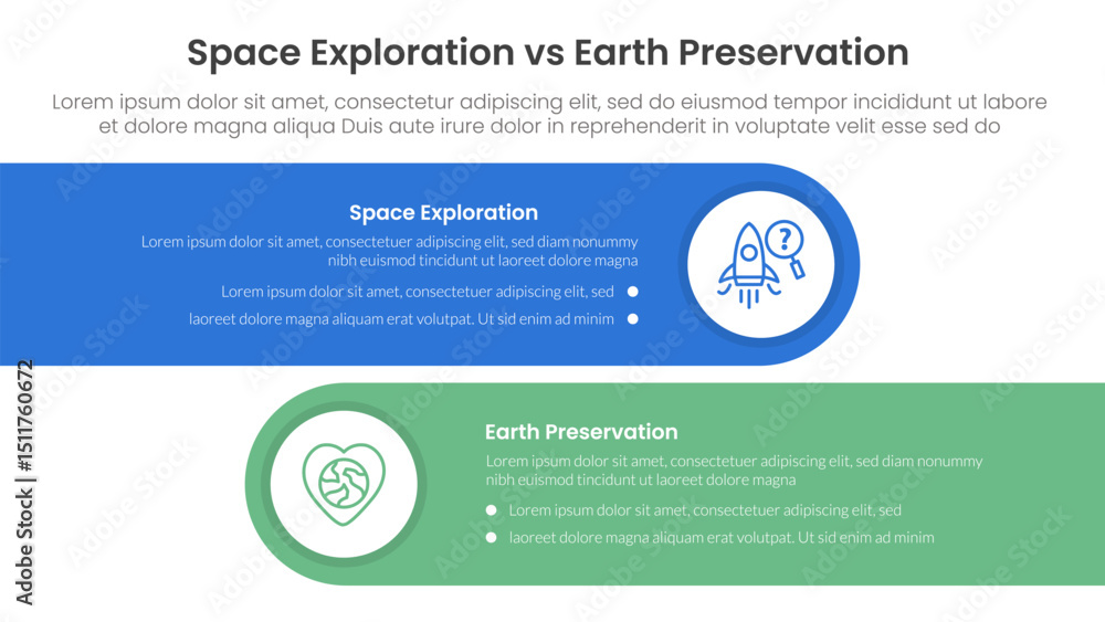 Fototapeta premium space exploration vs earth preservation comparison concept for infographic template banner with horizontal round rectangle box with two point list information