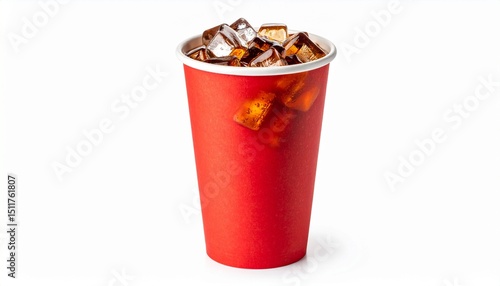Red paper cup with ice cold cola isolated on white background