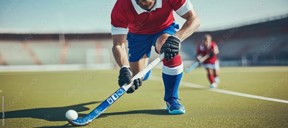 Fototapeta premium Field hockey player dribbling the ball past on the field, athletic sport game concept.,