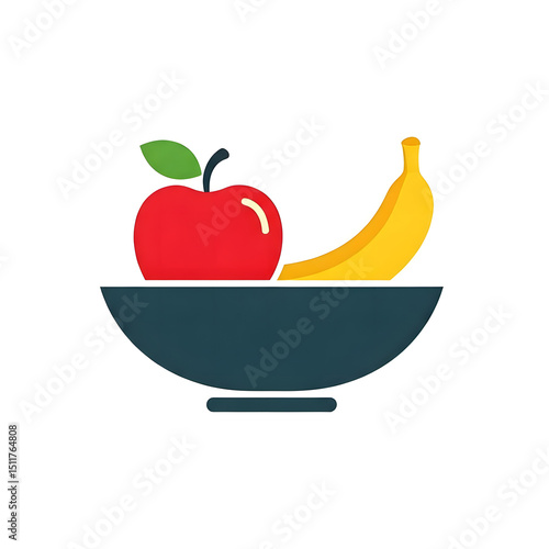 Minimal fruit bowl icon with apple and banana white background.