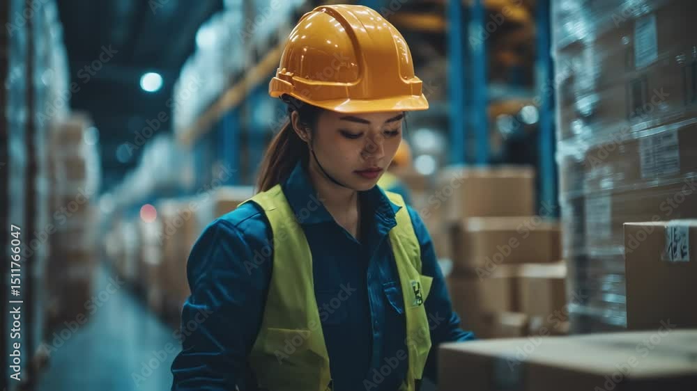 Focused asian warehouse worker managing inventory in a distribution center Focused asian warehouse worker managing inventory in a distribution center