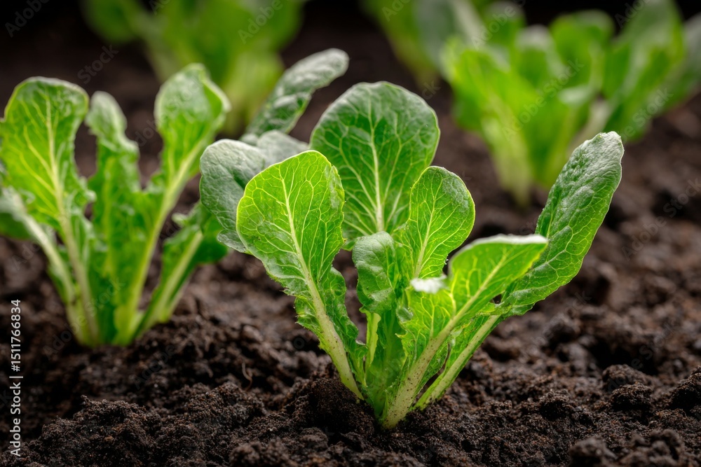 New Lettuce Plants Grow in Dark Soil Close Up New Lettuce Plants Grow in Dark Soil Close Up