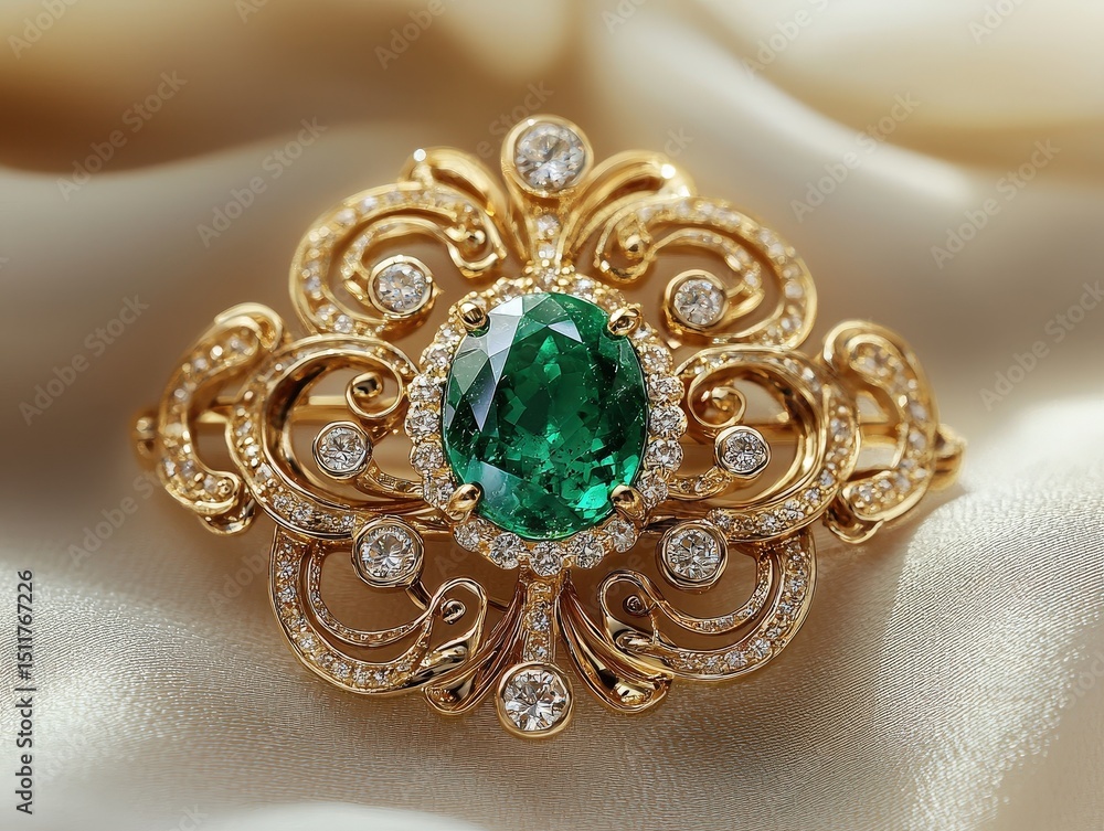 Obraz premium Jewelry with gemstones modern brooch with Spanish Emerald on a beige background
