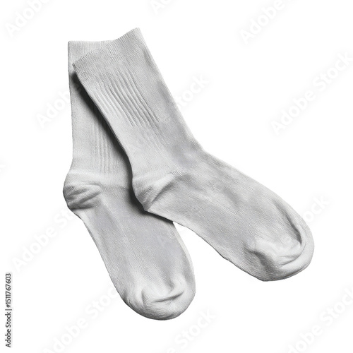 A pair of plain white cotton crew socks, neatly arranged, showcasing their ribbed texture and simple design against a black background