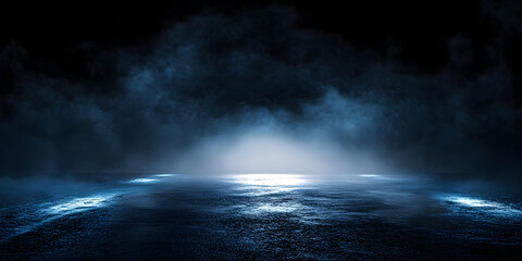 3D rendering abstract dark empty scene blue neon searchlight light wet asphalt smoke on black background