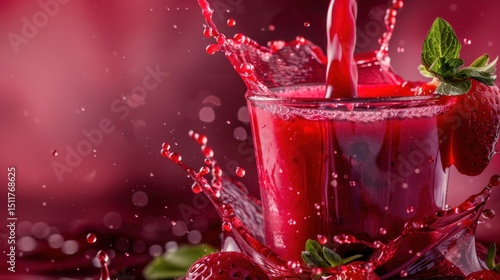 Vibrant red smoothie splashing from glass