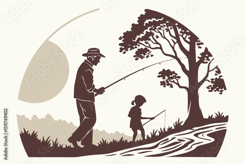 Vintage silhouette of child fishing with grandparent