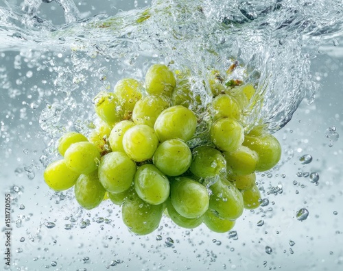 Fresh green grapes splashing in water