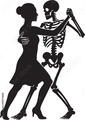Dancing couple with skeleton and girl in flat black silhouette vector design illustration art
