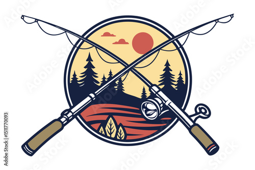 Stylized fishing camp logo with crossed fishing rods and sun