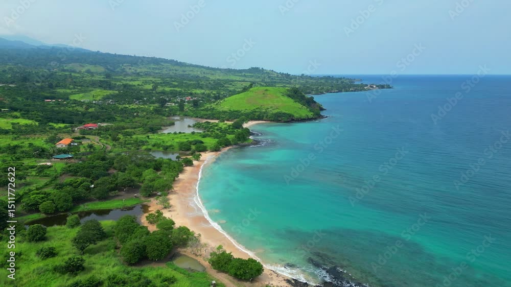 Aerial view from Tamarindos beach in Sao Tome,Africa. Drone shot backwards Aerial view from Tamarindos beach in Sao Tome,Africa. Drone shot backwards