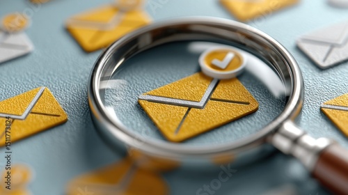 Magnifying glass focusing on a verified email icon with envelope symbols, representing secure email filtering, phishing protection, and fraud prevention