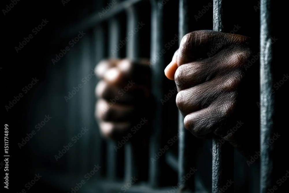 Obraz premium Hands tightly grip prison bars in a dark, somber setting, symbolizing confinement and loss of freedom.