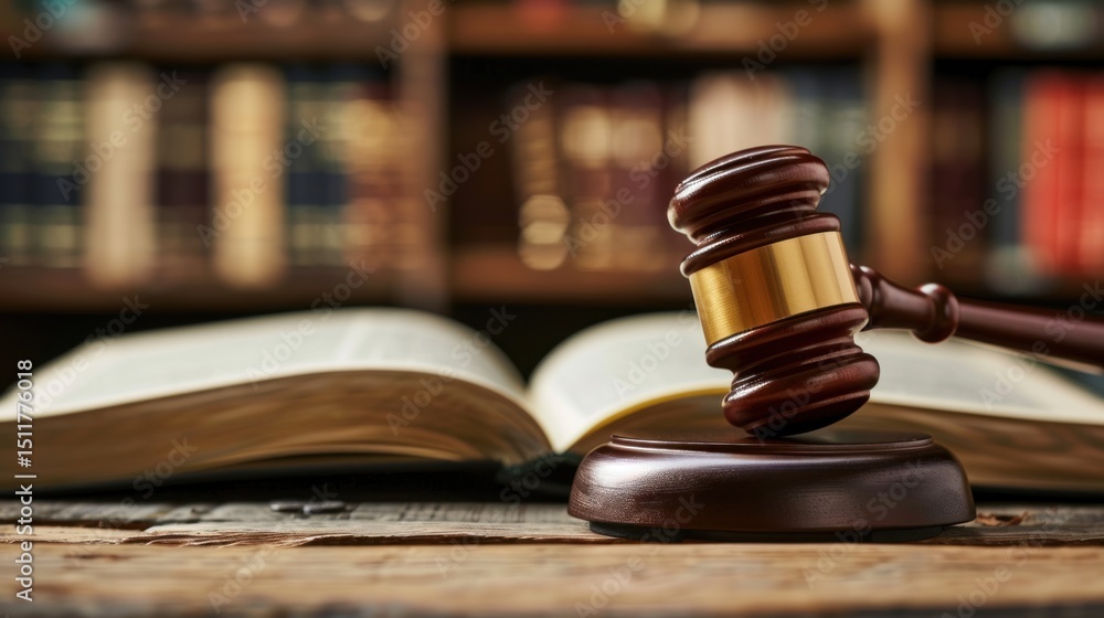 Law Gavel resting on a book. Wooden gavel with gold accents rests on a wooden surface in front of an open law book. Blurred bookshelves fill the background Law Gavel resting on a book. Wooden gavel with gold accents rests on a wooden surface in front of an open law book. Blurred bookshelves fill the background
