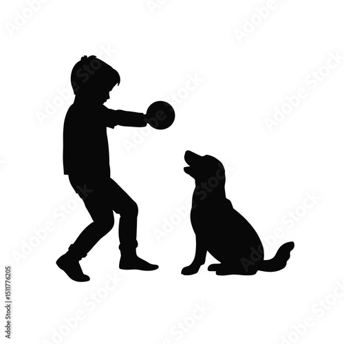 Child playing with ball beside sitting dog in silhouette style  