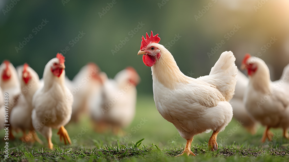 Fototapeta premium a group of white chickens gathering outside, with one chicken standing out in focus in the foreground