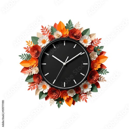 Black wall clock framed with paper flowers in autumn hues of orange, cream, and green.