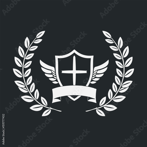 Vintage heraldic vector emblem with a golden shield, laurel wreaths, and a crown, perfect for a classic badge design or insignia