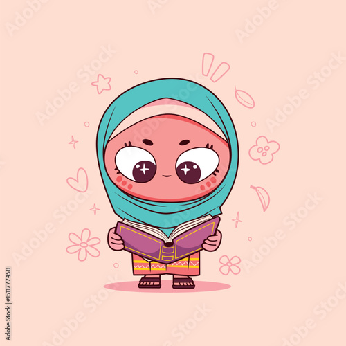 Cute Hijab Girl Reading a Quran Cartoon Style