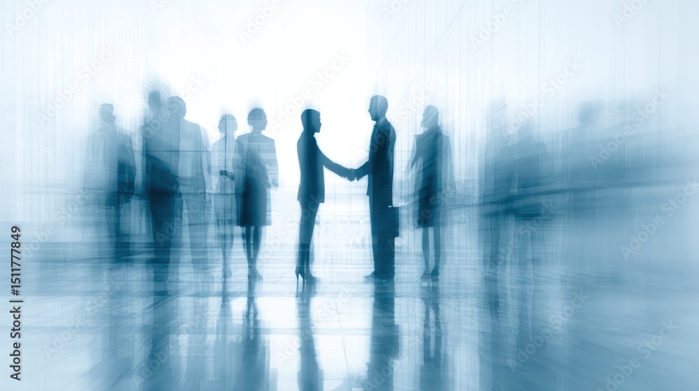 Two people shaking hands with blurred group of people in background. Two people shaking hands with blurred group of people in background.