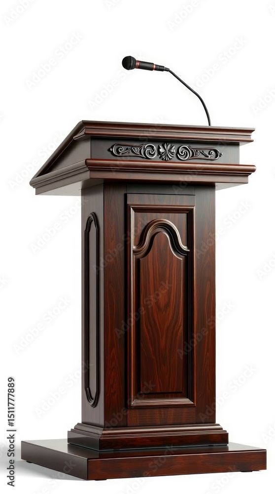 Elegant Dark Wood Lectern with Ornate Details and Microphone Elegant Dark Wood Lectern with Ornate Details and Microphone