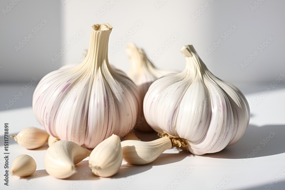 Obraz premium Fresh garlic bulbs and cloves on white background
