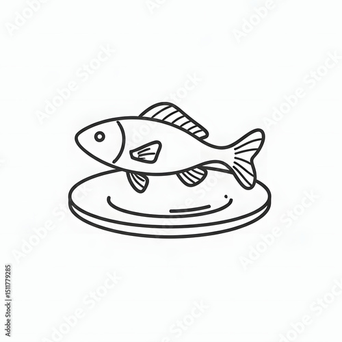 Monoline fish on plate logo icon, simple elegant outline on white.