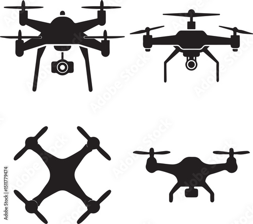 Flying drone vector set silhouette