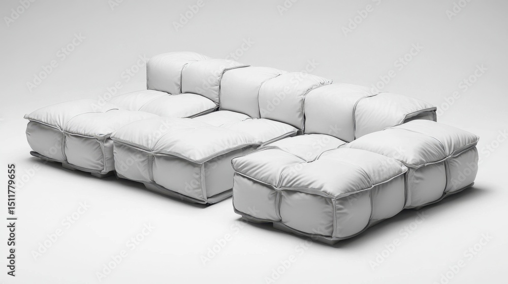 Fototapeta premium Clean white leather modular sofa with square cushions and simple design on white