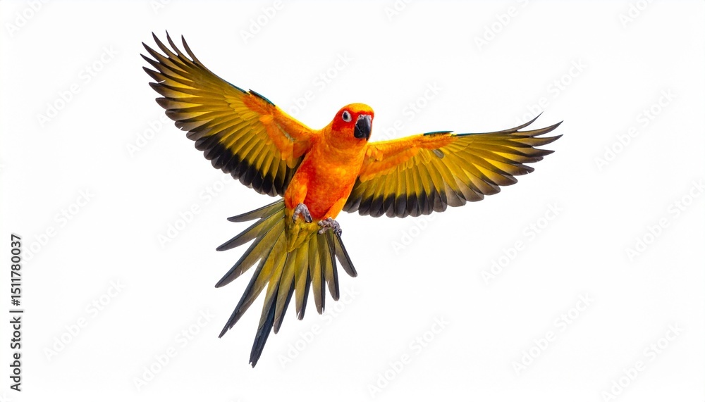 Fototapeta premium Sun parakeet bird aratinga solstitialis flying isolated on white background
