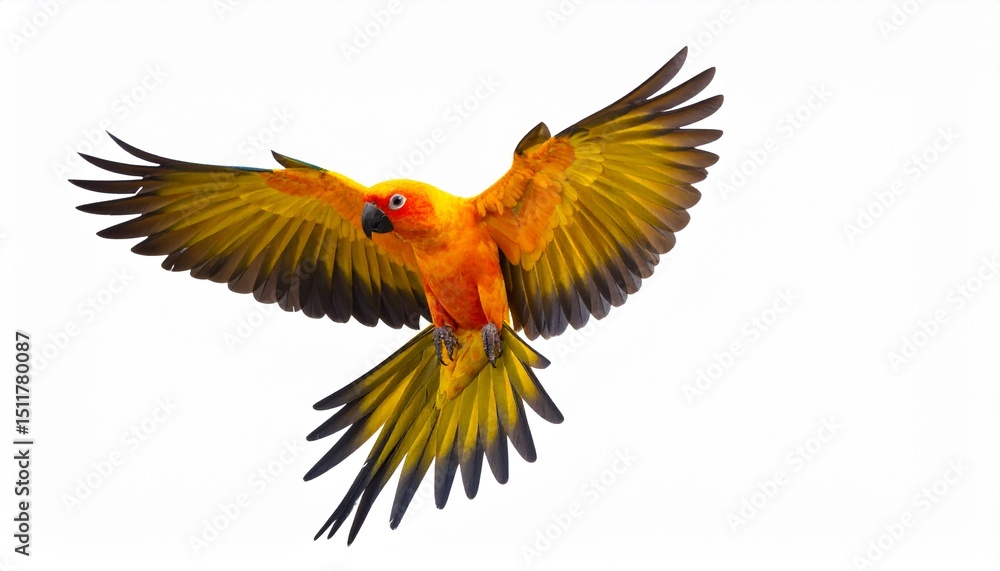 Fototapeta premium Sun parakeet bird aratinga solstitialis flying isolated on white background