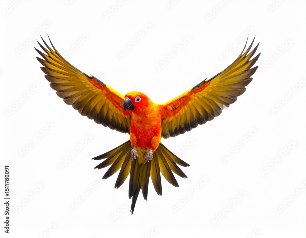 Fototapeta premium Sun parakeet bird aratinga solstitialis flying isolated on white background
