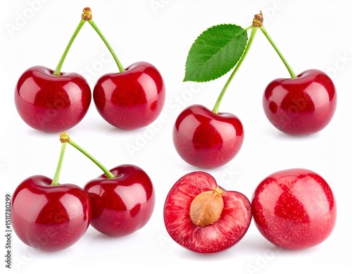Sweet red cherry set isolated on white background 