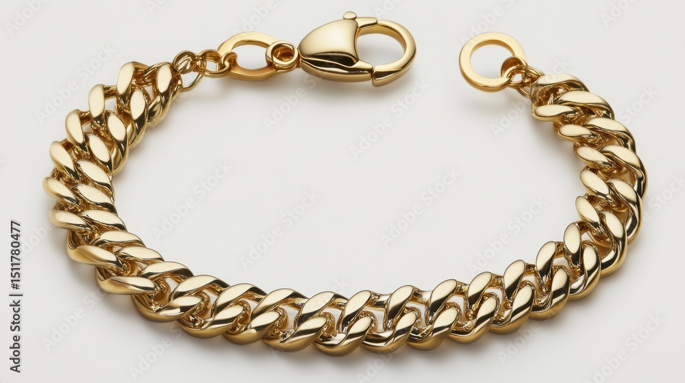 Obraz premium Elegant gold bracelet with intricate links placed flat on a pristine white background