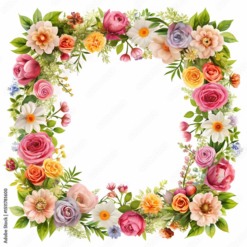 Vibrant Floral Wreath A Square Frame of Roses Daisies and Other Blossoms Vibrant Floral Wreath A Square Frame of Roses Daisies and Other Blossoms