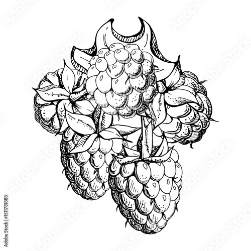 Raspberry ripe berries hanging in group with leaves, stalks boutonniere, dewberry cloudberry mulberry loganberry. Cut out botanical illustration hand drawn in vector ink. Farmer calendar, florist shop