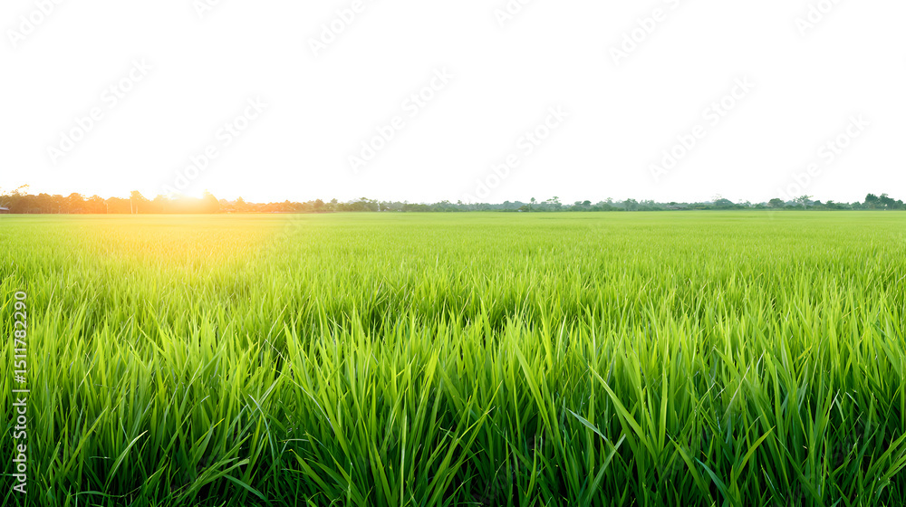 Fototapeta premium a vibrant landscape of a sprawling green field with the sun rising on the horizon, casting a warm glow over the scene